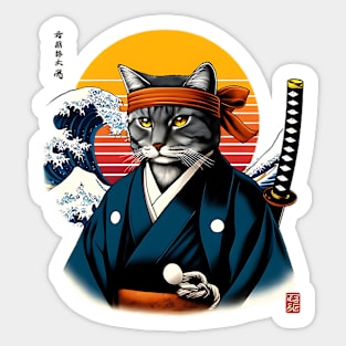 Vaporwave Samurai Cat Great Wave Off Kanagawa Sticker